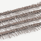 Close-up of several rows of thin metallic chains in white bronze hanging in layers, creating a fringe pattern reminiscent of the Lariat Necklace White Bronze, set against a white background.