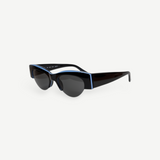 KABE SHOP INC BOZ sunglasses featuring a black cat-eye frame with a subtle blue accent line on a white background
