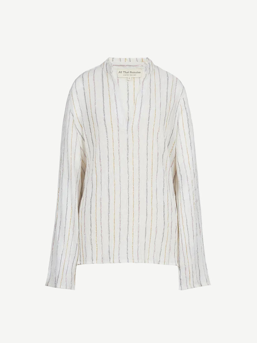 Kiki Shirt: long-sleeved V-neck featuring thin vertical metallic stripes for an elegant statement.
