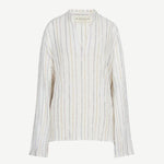 Kiki Shirt: long-sleeved V-neck featuring thin vertical metallic stripes for an elegant statement.