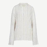 Kiki Shirt: long-sleeved V-neck featuring thin vertical metallic stripes for an elegant statement.
