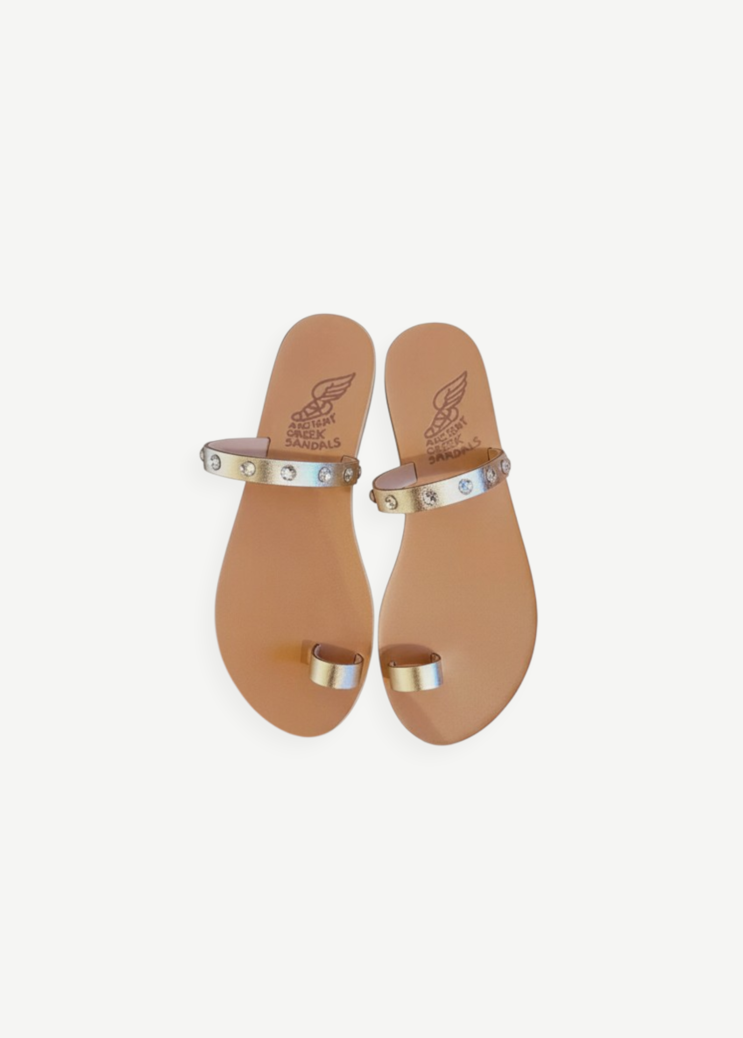 KABE SHOP INC Audrey sandals in gold vachetta leather with Swarovski crystal embellishments and a toe loop design.