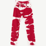Tie Dye Jeans in a straight-leg cut with a vintage white and red tie-dye pattern.