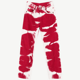 Tie Dye Jeans in a straight-leg cut with a vintage white and red tie-dye pattern.