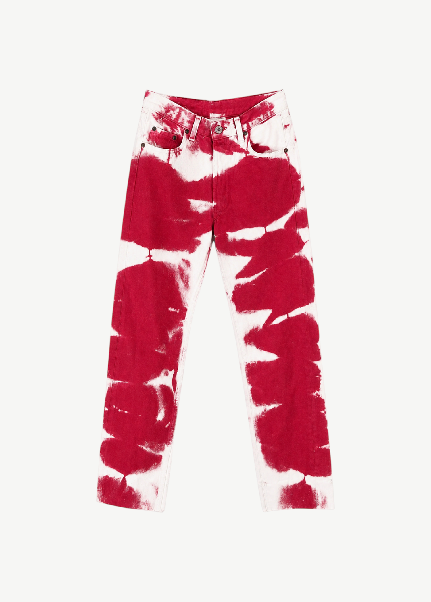 Tie Dye Jeans in a straight-leg cut with a vintage white and red tie-dye pattern.