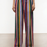 Relaxed wide-leg Mateo Pant featuring a multicolored vertical stripe pattern and a drawstring waist.