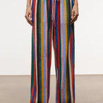 Relaxed wide-leg Mateo Pant featuring a multicolored vertical stripe pattern and a drawstring waist.