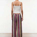 Back view of a person in a white ribbed tank top and Mateo Pant wide-leg trousers featuring vertical multicolored stripes.