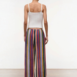 Back view of a person in a white ribbed tank top and Mateo Pant wide-leg trousers featuring vertical multicolored stripes.