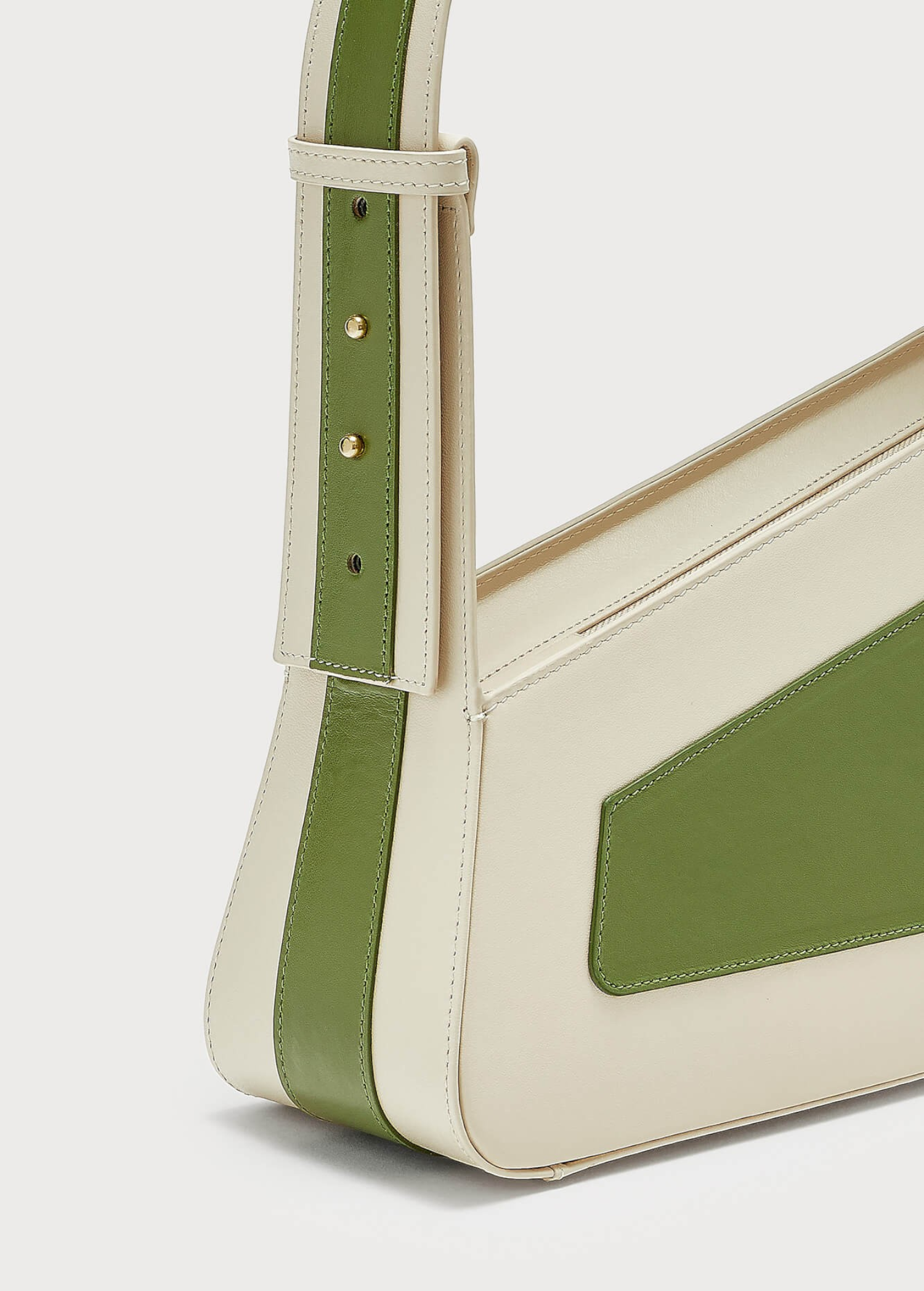 KABE SHOP INC Albert framed handbag in cream and green calfskin leather with asymmetric design and gold hardware
