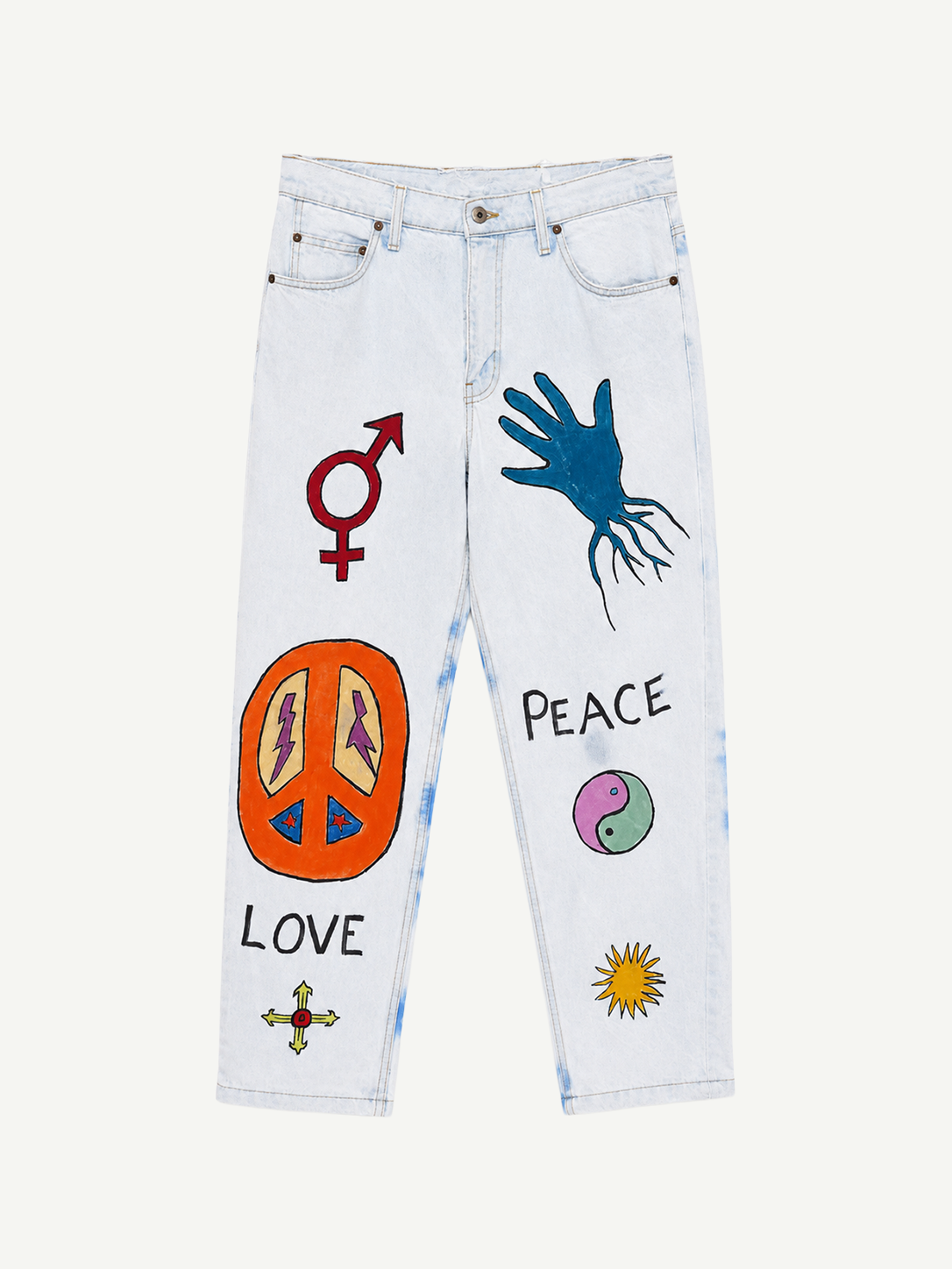 Hand Painted Levi’s light-wash vintage denim jeans featuring hand-painted designs including a gender symbol, a hand, a peace sign, the words LOVE and PEACE, a yin-yang symbol, a cross, and a sun.