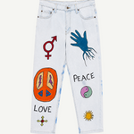 Hand Painted Levi’s light-wash vintage denim jeans featuring hand-painted designs including a gender symbol, a hand, a peace sign, the words LOVE and PEACE, a yin-yang symbol, a cross, and a sun.
