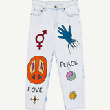 Hand Painted Levi’s light-wash vintage denim jeans featuring hand-painted designs including a gender symbol, a hand, a peace sign, the words LOVE and PEACE, a yin-yang symbol, a cross, and a sun.