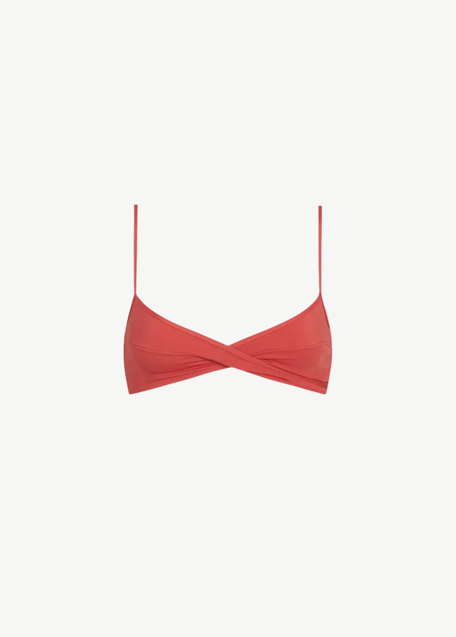 KABE SHOP INC Infinity triangle bikini top in terracotta red with a sleek front twist detail and supportive straps.