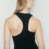 KABE SHOP INC black ribbed asymmetric racerback mini slip dress worn by a model, back view