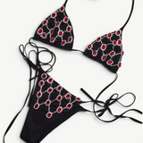 KABE SHOP INC black microfiber triangle bikini with red gem and rhinestone embroidery and tie-side Brazilian bottoms