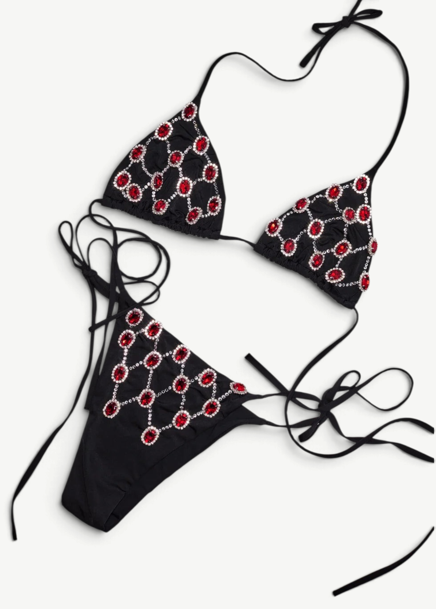 KABE SHOP INC black microfiber triangle bikini with red gem and rhinestone embroidery and tie-side Brazilian bottoms