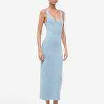 Light blue ribbed Neva Dress in a midi length with a scoop neckline accented by silver studs for a sophisticated, timeless style.