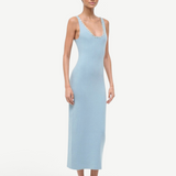 Light blue ribbed Neva Dress in a midi length with a scoop neckline accented by silver studs for a sophisticated, timeless style.