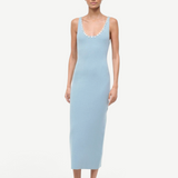 Light blue ribbed Neva Dress in a midi length with a scoop neckline and white button details.