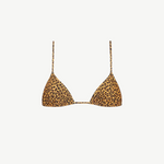 Equator Top: Triangle bikini top featuring leopard print, thin adjustable straps, and triangle-shaped cups, crafted from recycled nylon swimwear material and displayed on a white background.