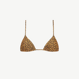 Equator Top: Triangle bikini top featuring leopard print, thin adjustable straps, and triangle-shaped cups, crafted from recycled nylon swimwear material and displayed on a white background.