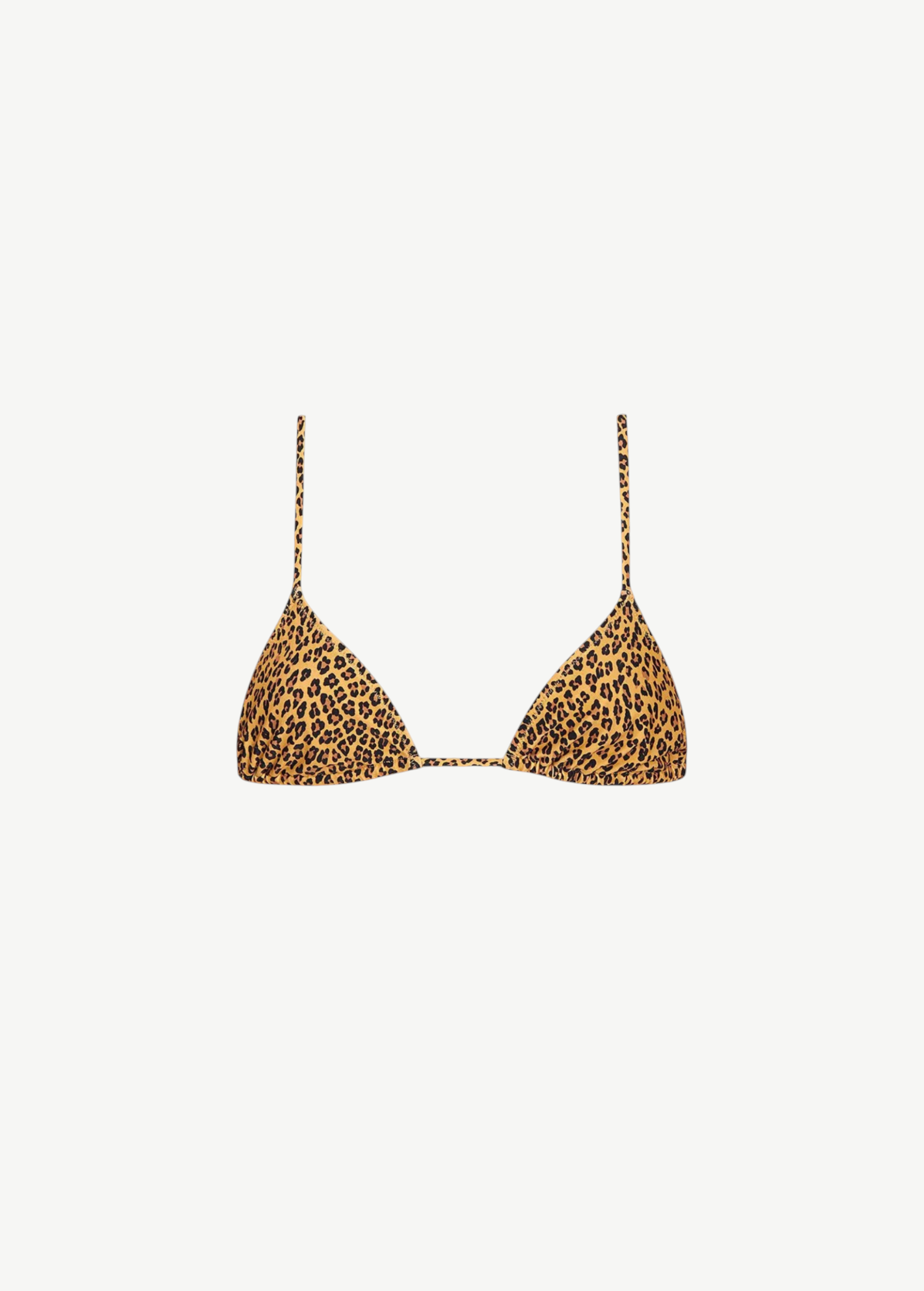 Equator Top: Triangle bikini top featuring leopard print, thin adjustable straps, and triangle-shaped cups, crafted from recycled nylon swimwear material and displayed on a white background.