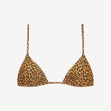 Equator Top: Triangle bikini top featuring leopard print, thin adjustable straps, and triangle-shaped cups, crafted from recycled nylon swimwear material and displayed on a white background.