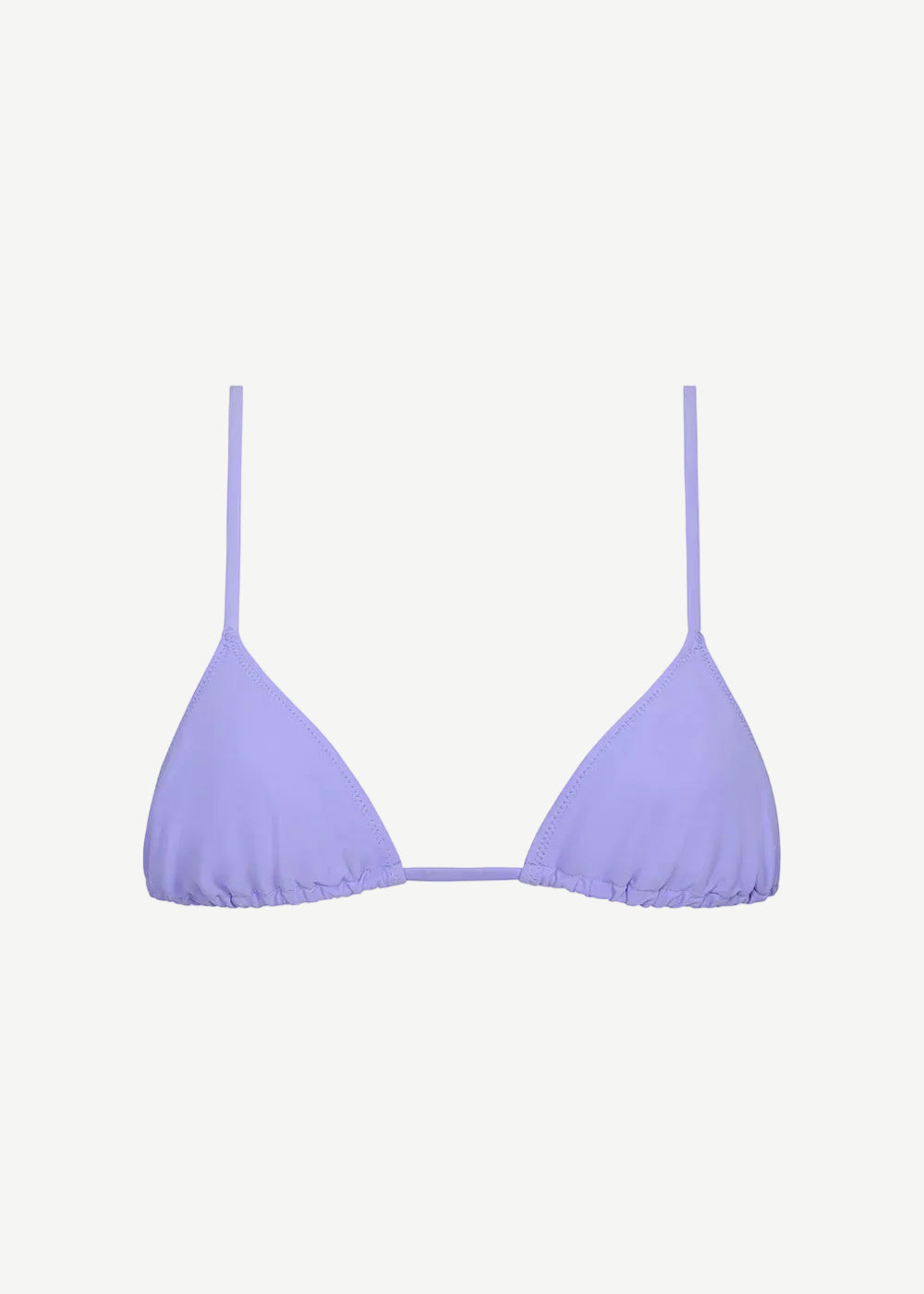 The Equator Top, a light purple triangle bikini top with thin adjustable straps and a minimal design, is crafted from regenerated polyamide for an eco-friendly swimwear choice and features built-in UV protection. Shown on a white background.