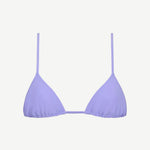 The Equator Top, a light purple triangle bikini top with thin adjustable straps and a minimal design, is crafted from regenerated polyamide for an eco-friendly swimwear choice and features built-in UV protection. Shown on a white background.
