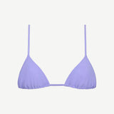 The Equator Top, a light purple triangle bikini top with thin adjustable straps and a minimal design, is crafted from regenerated polyamide for an eco-friendly swimwear choice and features built-in UV protection. Shown on a white background.