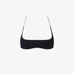 The Hamaca Top is a plain black bikini top with thin adjustable straps, crafted from sustainable compression fabric and displayed against a white background.