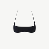 The Hamaca Top is a plain black bikini top with thin adjustable straps, crafted from sustainable compression fabric and displayed against a white background.