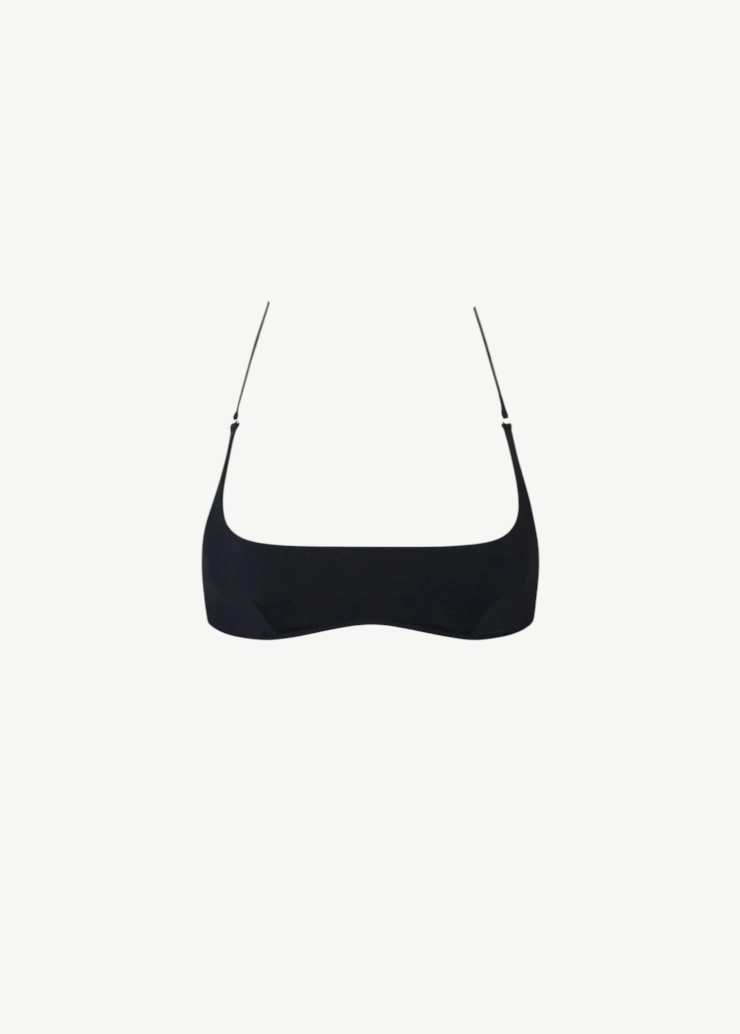 The Hamaca Top is a plain black bikini top with thin adjustable straps, crafted from sustainable compression fabric and displayed against a white background.