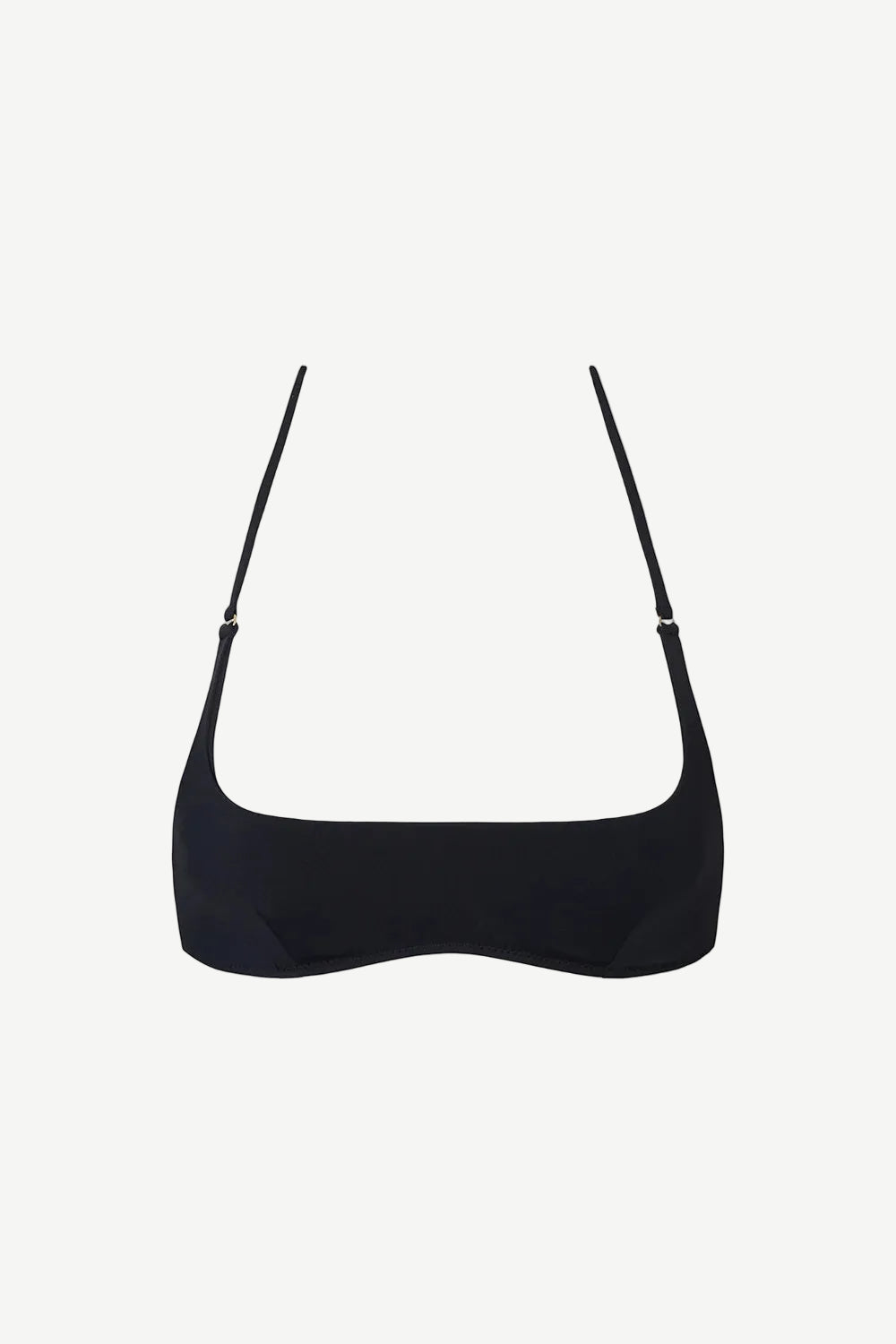 The Hamaca Top is a plain black bikini top with thin adjustable straps, crafted from sustainable compression fabric and displayed against a white background.