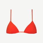The Equator Top, a bright red triangle bikini top with thin straps, crafted from soft compression fabric for a comfortable and supportive fit, is shown against a plain white background.