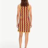 A person from behind wearing the Hazel Knit Dress, a sleeveless, knee-length crochet mini dress featuring a vertical multi-colored chevron pattern and yellow trim.