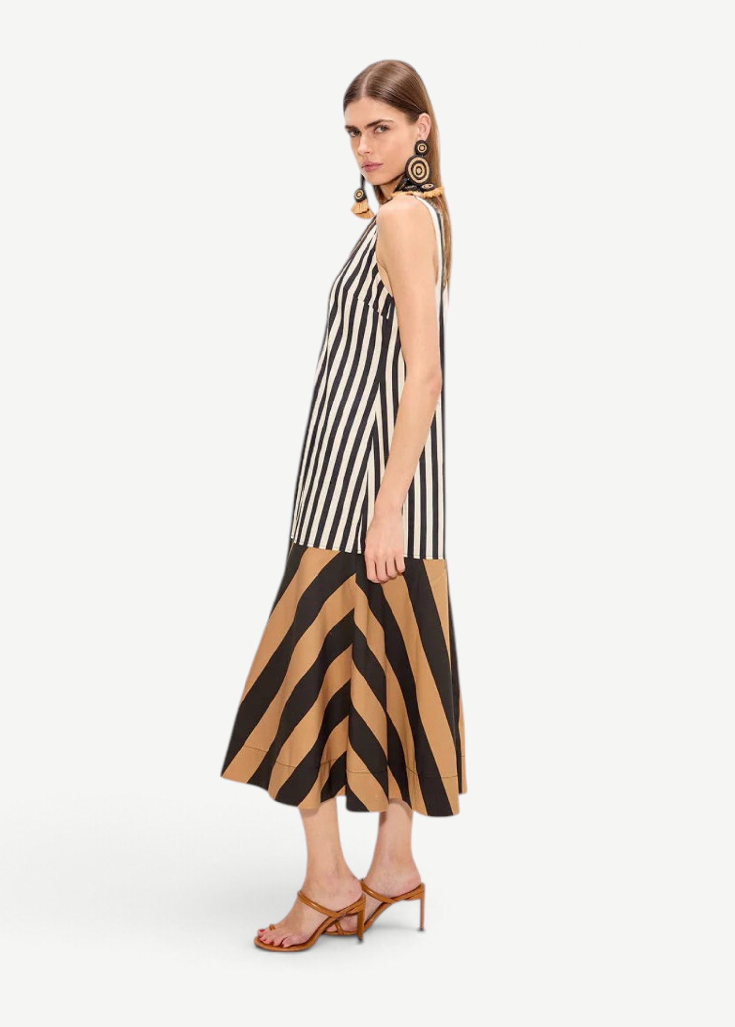 KABE SHOP INC Celeste poplin midi dress featuring a black and white striped bodice and tan diagonal striped skirt.