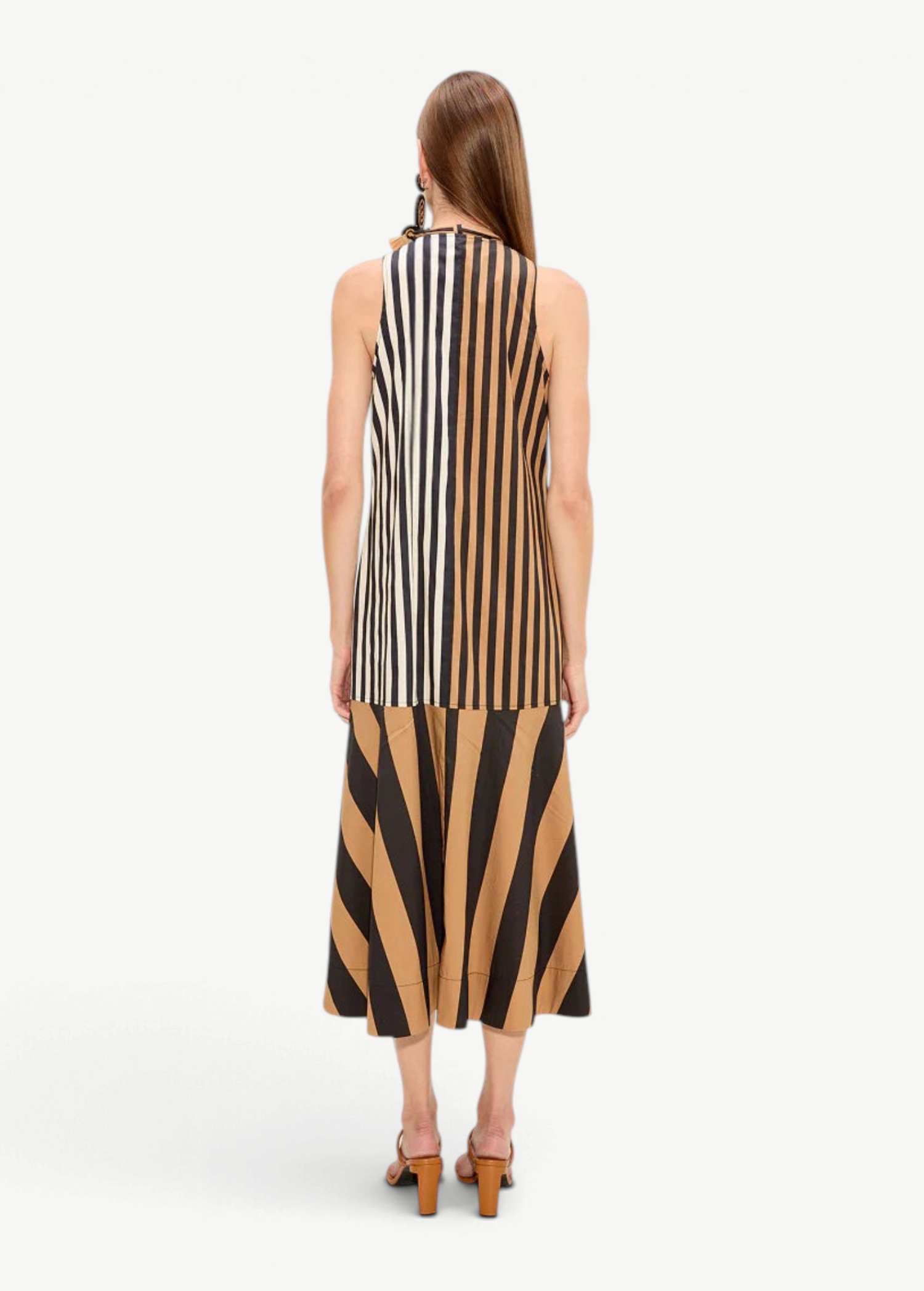 Back view of KABE SHOP INC Celeste poplin midi dress featuring vertical and diagonal striped patchwork design