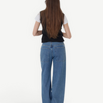Woman wearing KABE SHOP INC Sport Jean in relaxed blue denim with patch pockets, viewed from the back