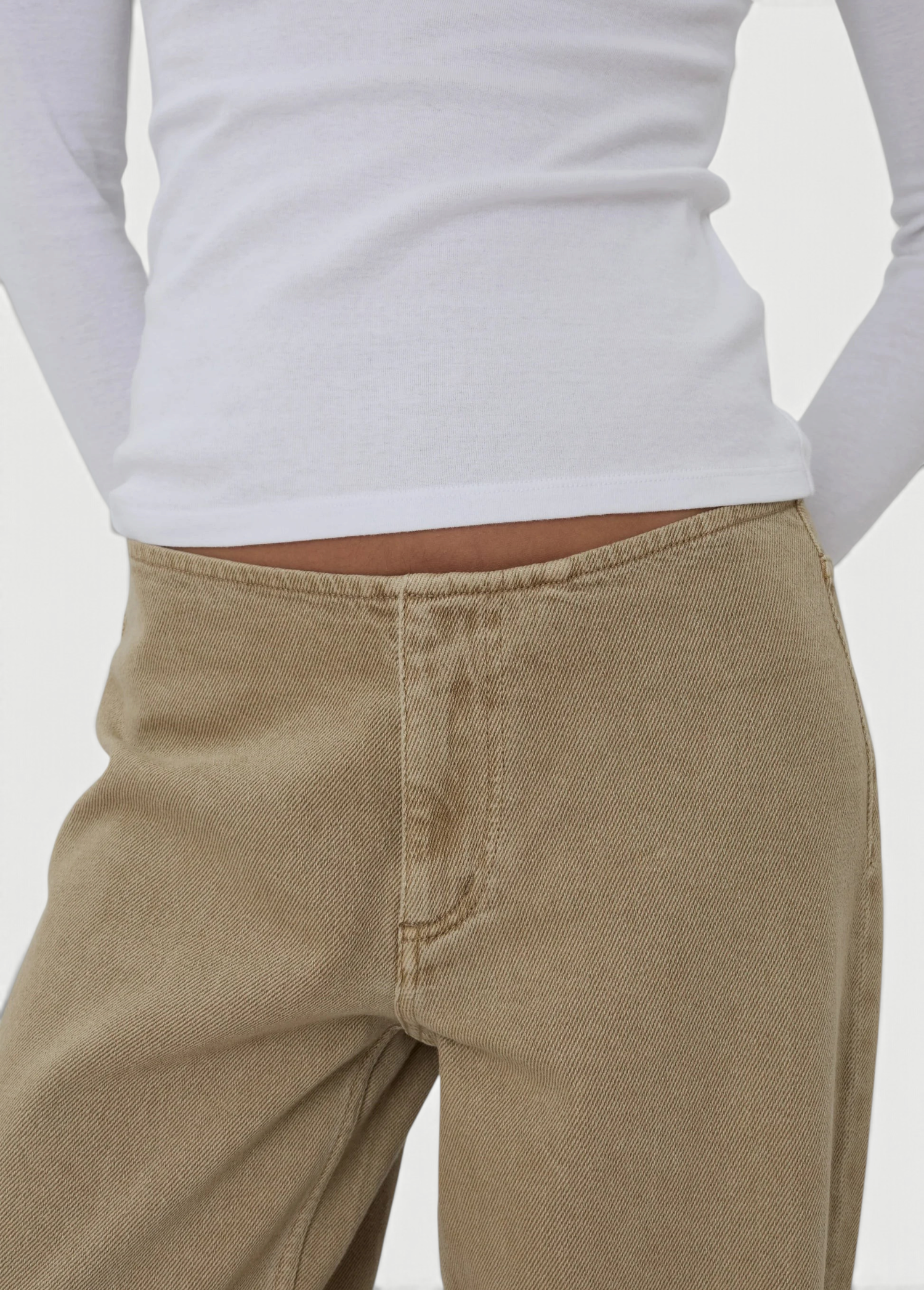 KABE SHOP INC Sport Jean in tan denim with a relaxed fit worn with a white long-sleeve top