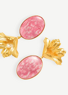 KABE SHOP INC Sonia Petunia Oval earrings featuring gold-plated brass floral motifs and pink Thulite crystal stones.