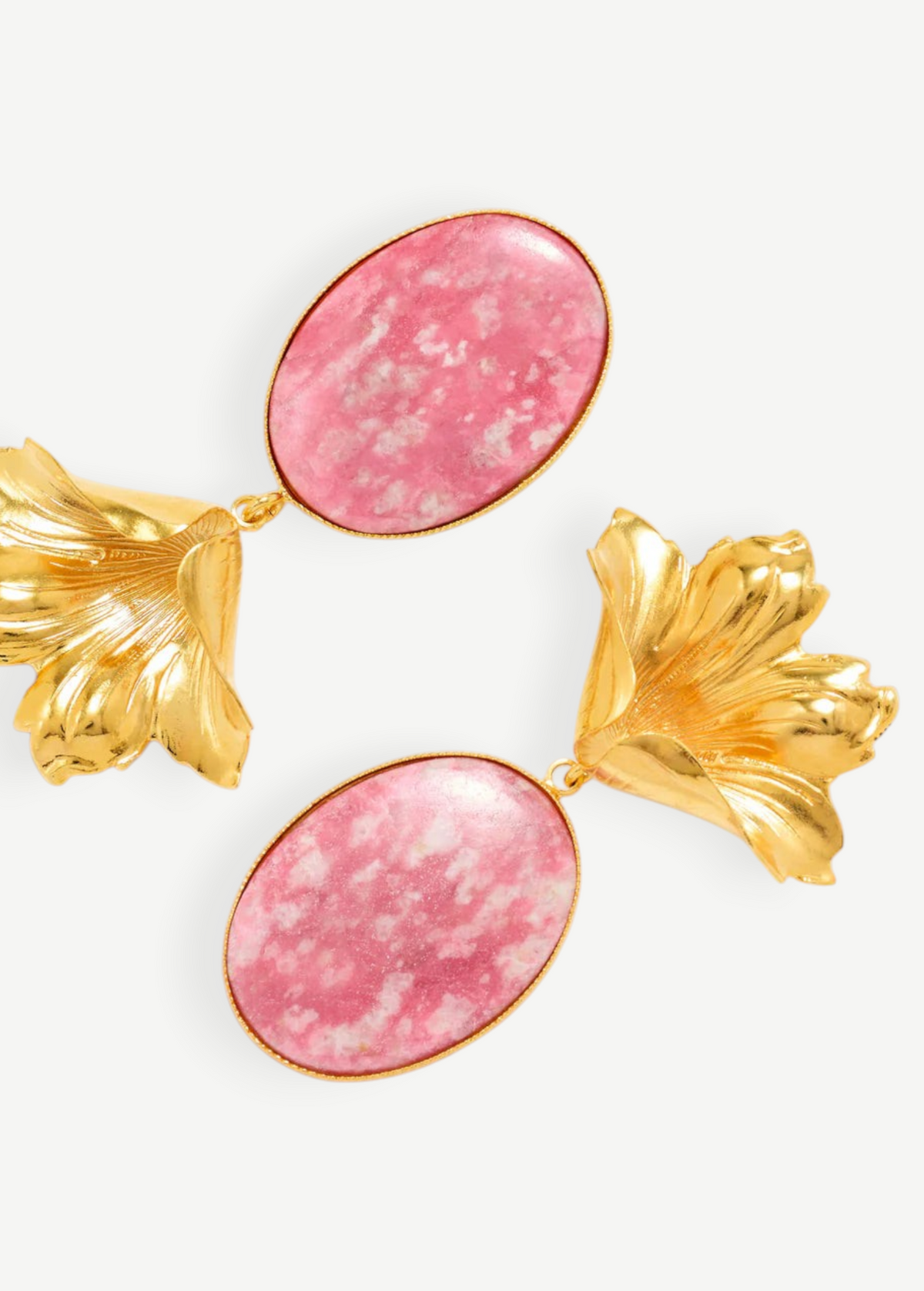 KABE SHOP INC Sonia Petunia Oval earrings featuring gold-plated brass floral motifs and pink Thulite crystal stones.