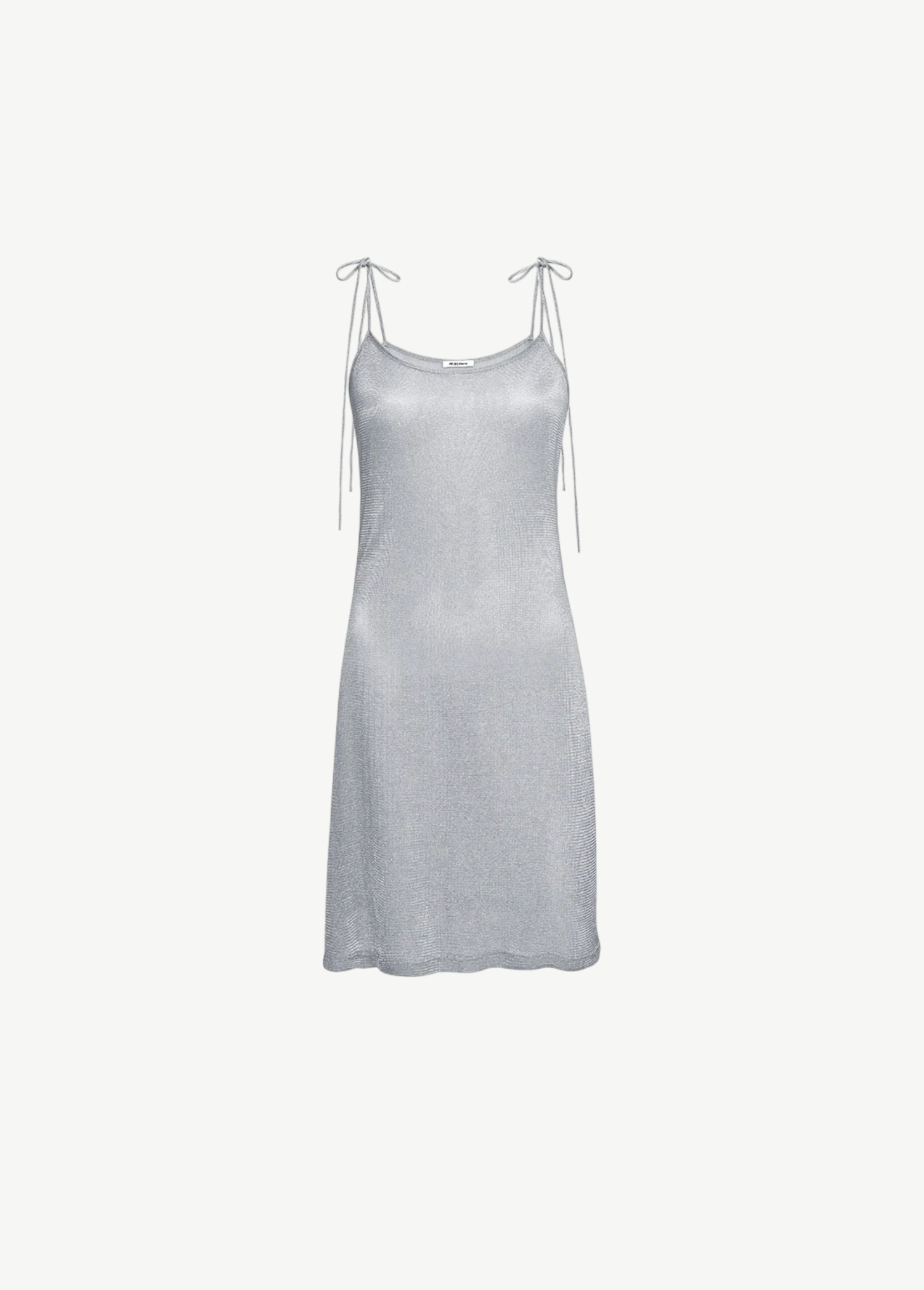 KABE SHOP INC Cami Tie Mini Dress in shimmering silver metallic knit with delicate shoulder tie straps.