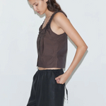 KABE SHOP INC Deiji Studios brown cotton poplin tank top with frill detailing and pintuck accents on a model