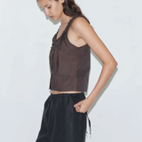 KABE SHOP INC Deiji Studios brown cotton poplin tank top with frill detailing and pintuck accents on a model