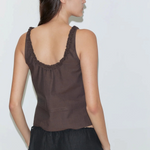 KABE SHOP INC Deiji Studios brown cotton poplin tank top with frill straps and pintuck detail, back view on model