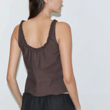 KABE SHOP INC Deiji Studios brown cotton poplin tank top with frill straps and pintuck detail, back view on model