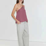 KABE SHOP INC Deiji Studios mauve linen one-shoulder Half Halter top with gathered neckline and back tie detail