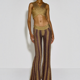 KABE SHOP INC Cher Set featuring a metallic gold and brown striped crochet crop top and matching flared trousers.
